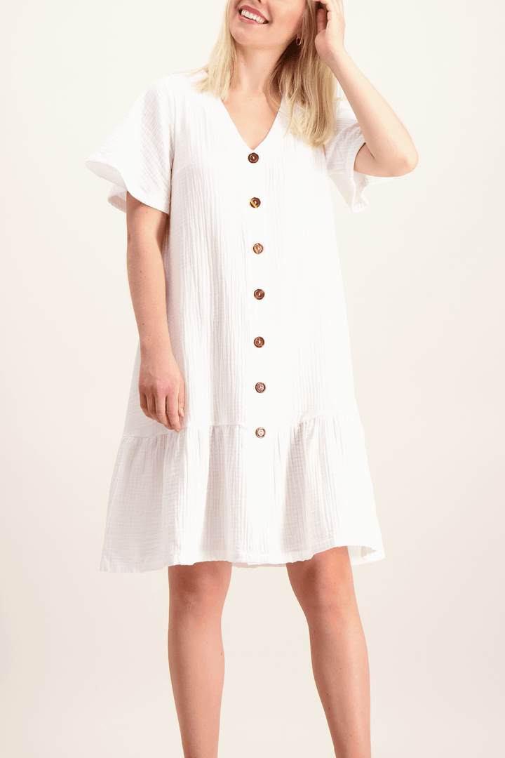 Frill Button Dress White